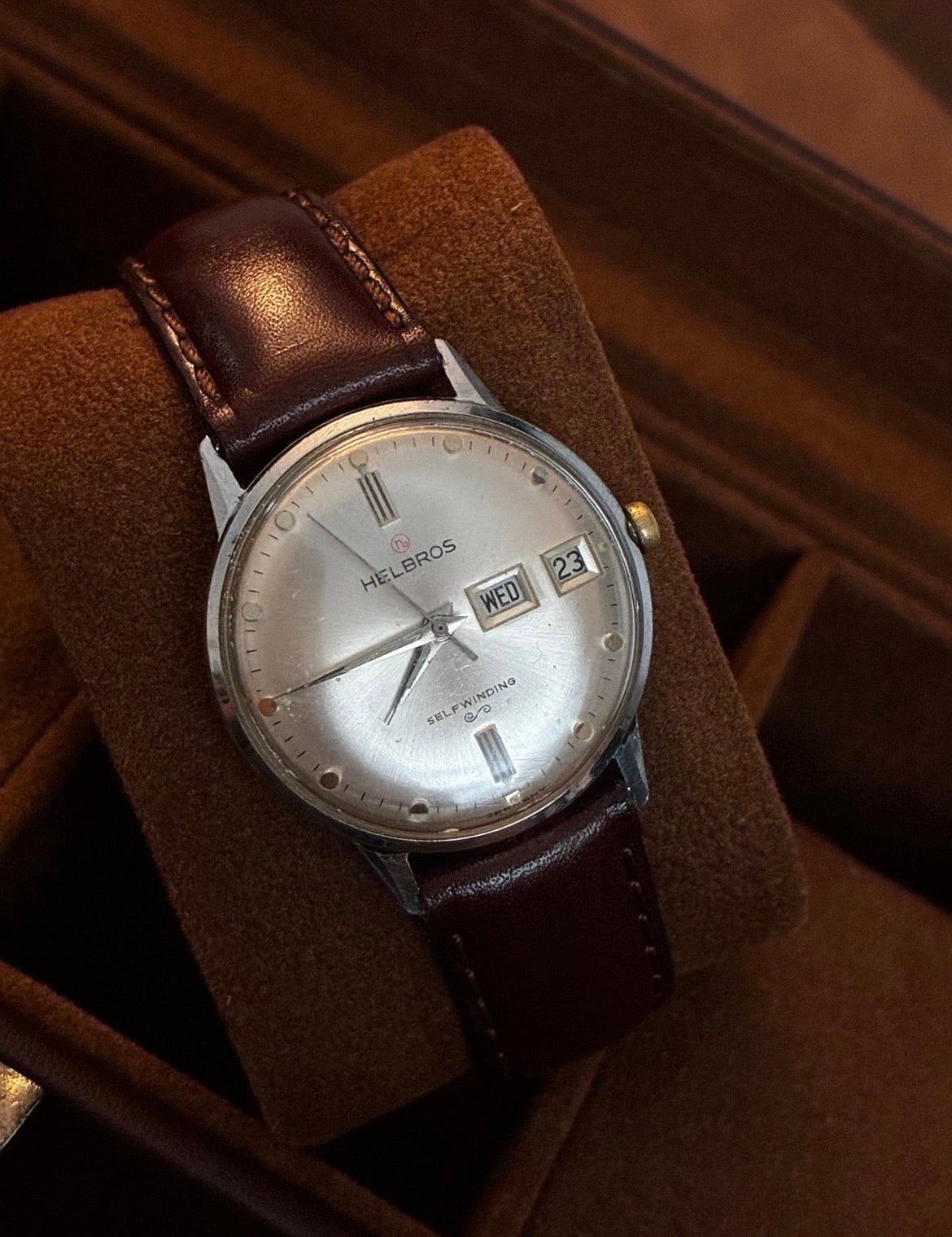Vintage Helbros Selfwinding Day Date Mens Watch Silver Dial Leather Strap
