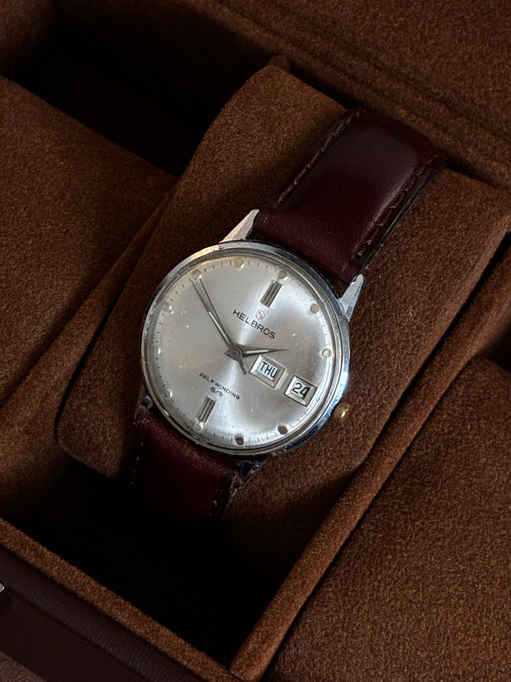 Vintage Helbros Selfwinding Day Date Mens Watch Silver Dial Leather Strap
