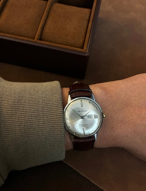 Vintage Helbros Selfwinding Day Date Mens Watch Silver Dial Leather Strap