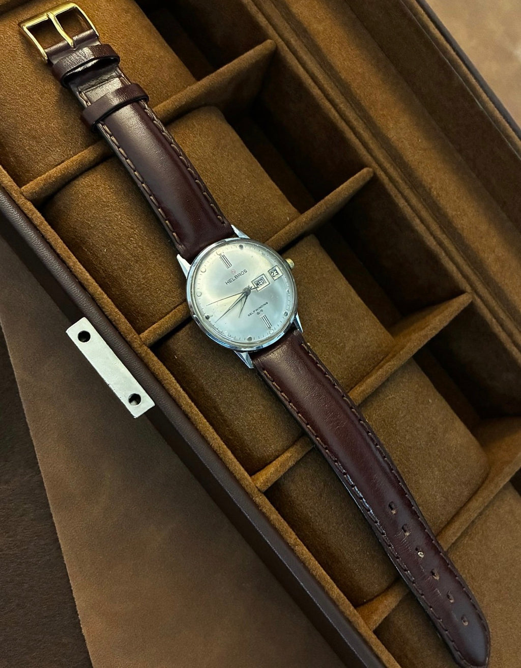 Vintage Helbros Selfwinding Day Date Mens Watch Silver Dial Leather Strap