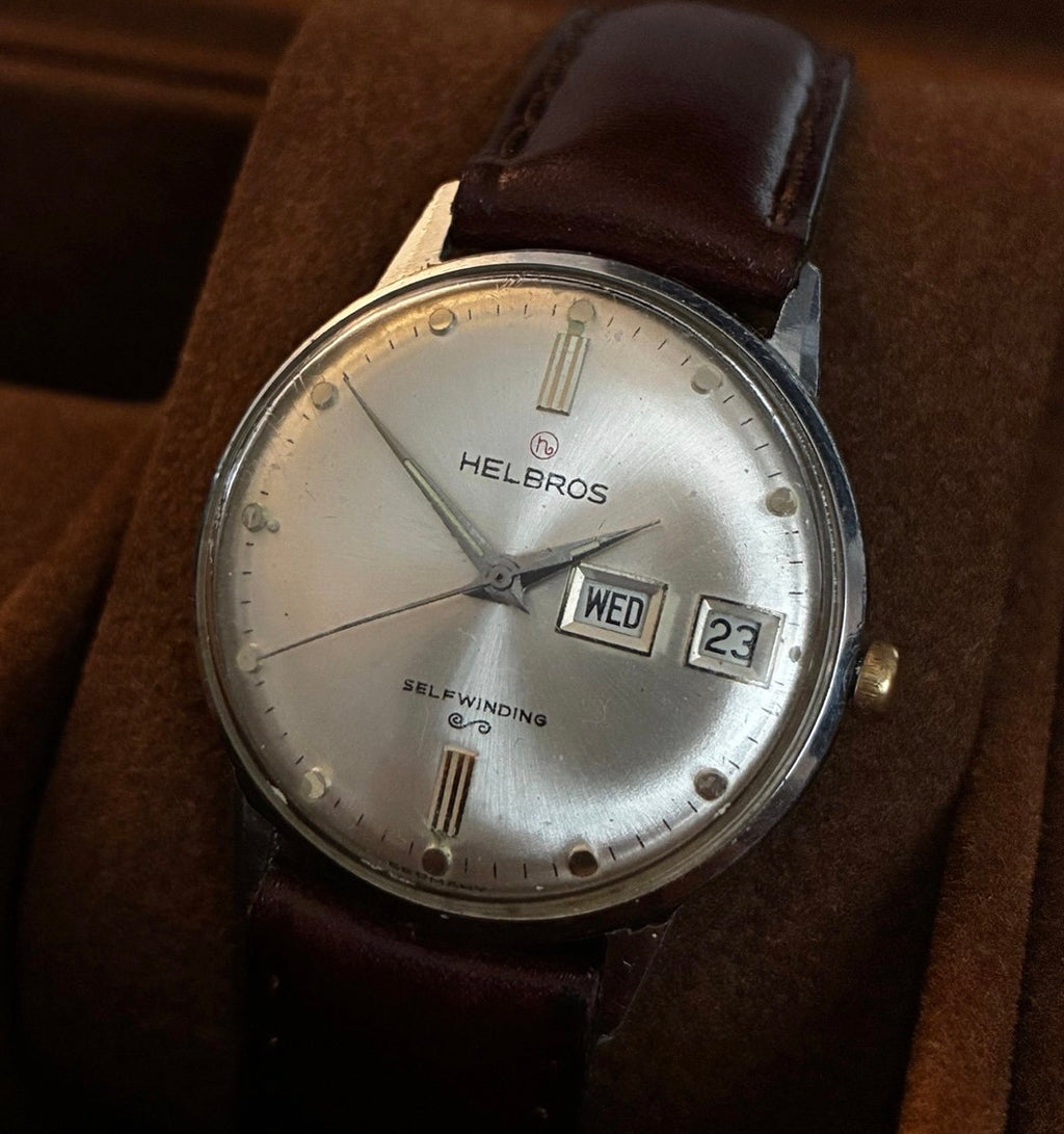 Vintage Helbros Selfwinding Day Date Mens Watch Silver Dial Leather Strap