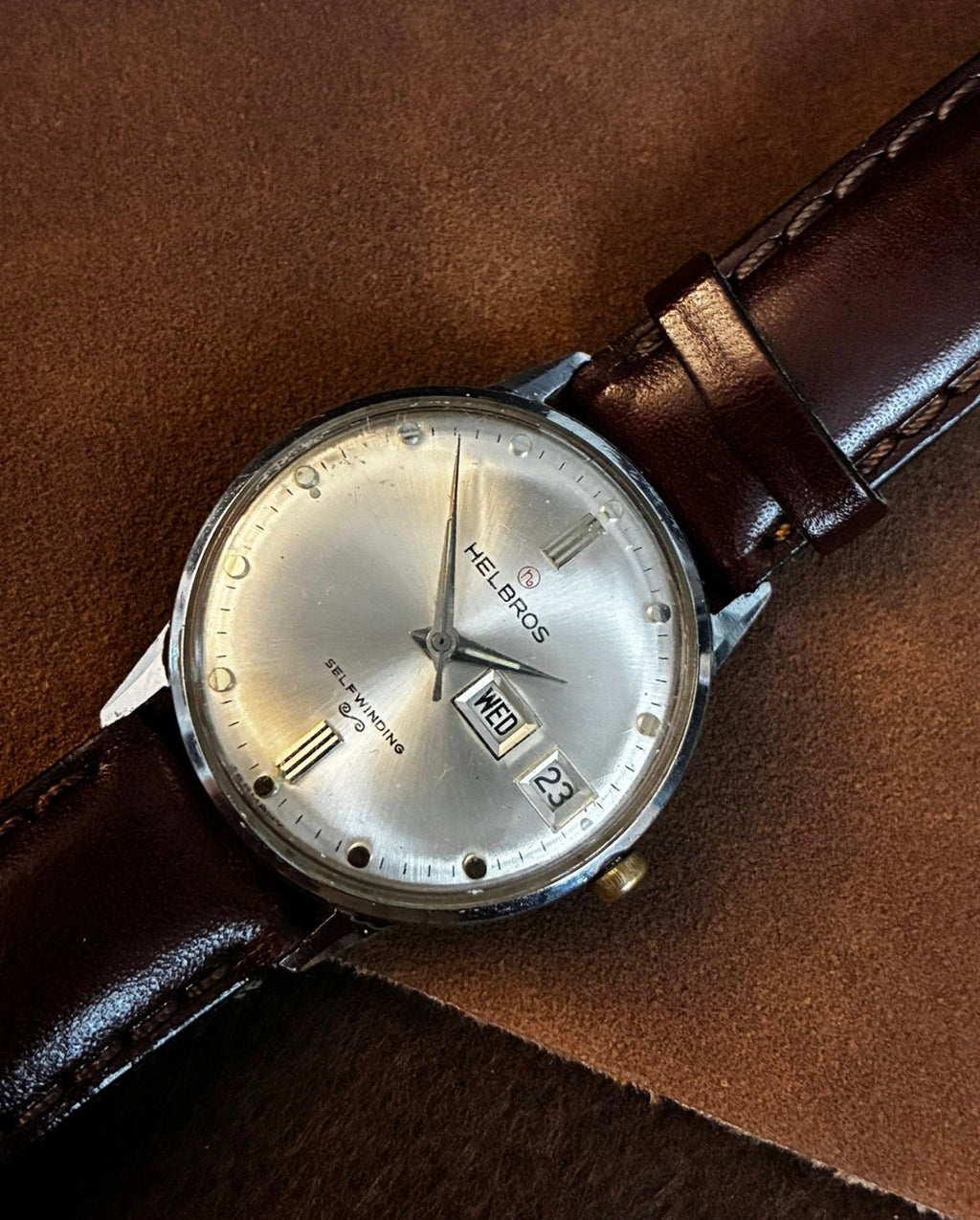 Vintage Helbros Selfwinding Day Date Mens Watch Silver Dial Leather Strap
