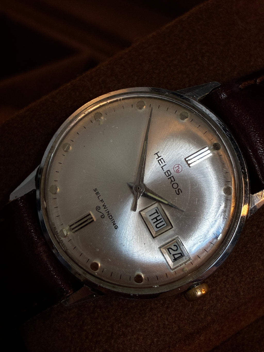 Vintage Helbros Selfwinding Day Date Mens Watch Silver Dial Leather Strap