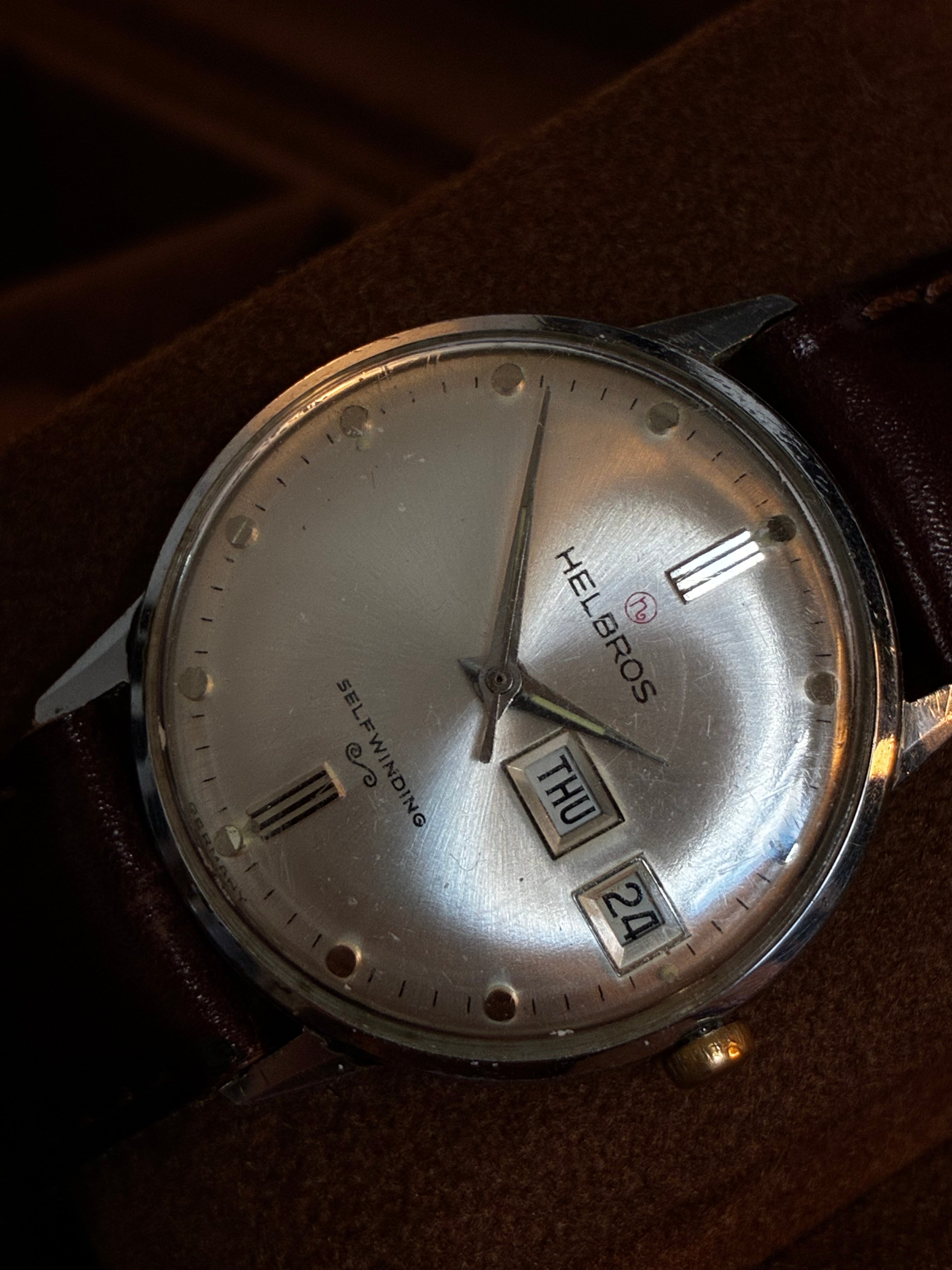 Vintage Helbros Selfwinding Day Date Mens Watch Silver Dial Leather Strap
