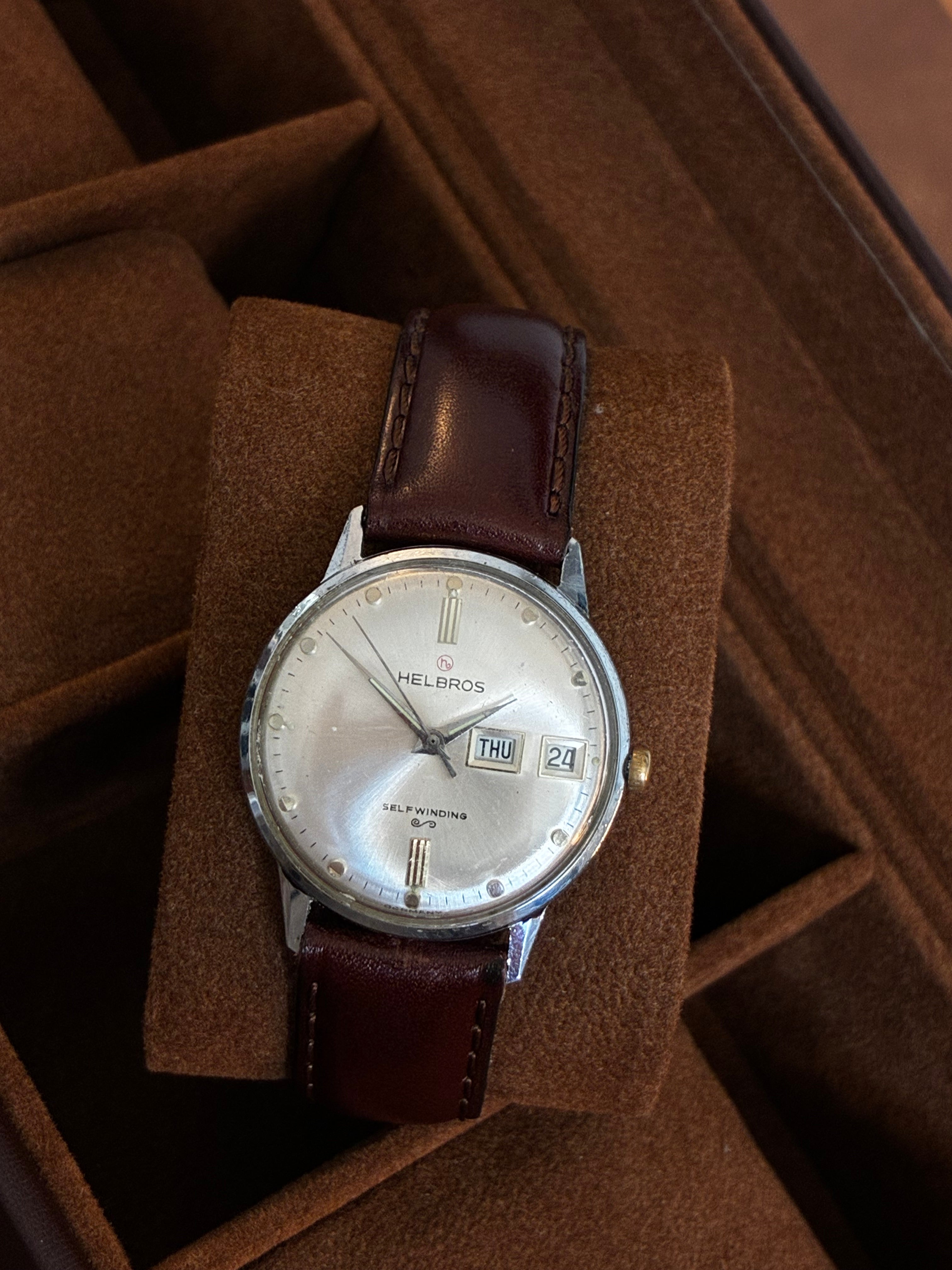 Vintage Helbros Selfwinding Day Date Mens Watch Silver Dial Leather Strap